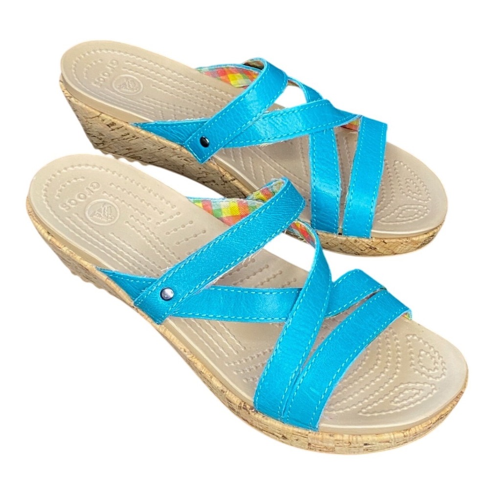Crocs Womens Turquoise Blue Cork Wrap Wedge Sandals Plaid Lining Slide Shoes 8